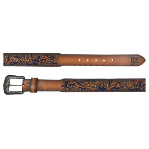 RED DIRT HAT CO MENS BELT TOOLED W/BLUE UNDERLAY