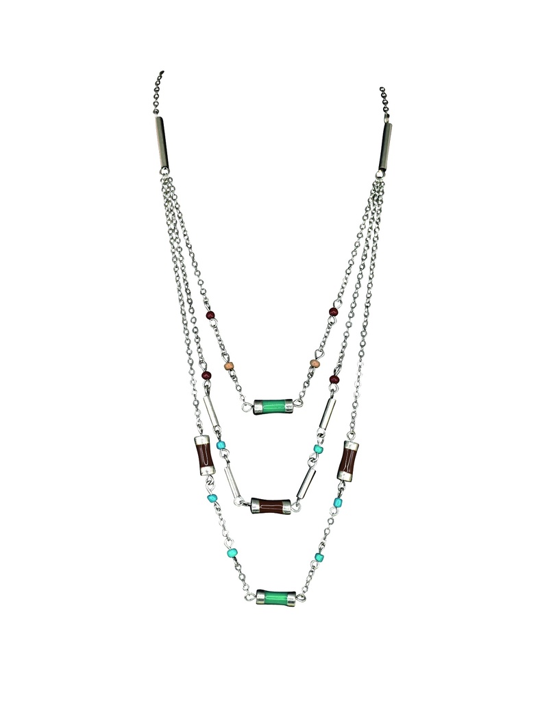JUSTIN LADIES NECKLACE 3 STRAND W/BROWN AND TURQ COLORED BARRELS 