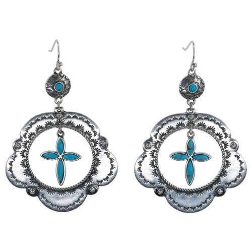 JUSTIN LADIES EARRINGS CONCHO HOOP WITH STONE CROSS
