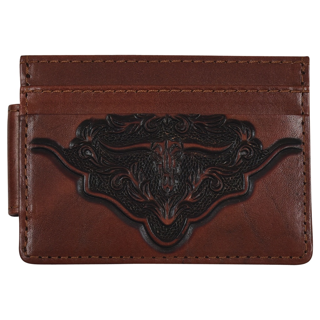 JUSTIN MENS GENUINE LEATHER SLIM CARD WALLET W/MAGNET CLIP YOKE W/STEERHEAD