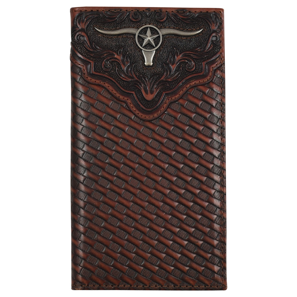 JUSTIN MENS GENUINE LEATHER RODEO WALLET EMBOSSED YOKE W/ BASKETWEAVE AND STEERHEAD