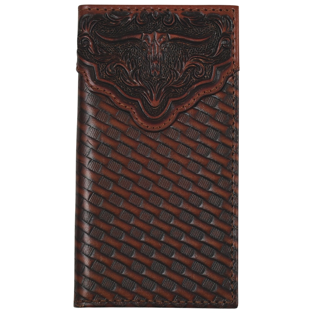 JUSTIN MENS GENUINE LEATHER JR RODEO WALLET EMBOSSED YOKE W/ BASKETWEAVE AND STEERHEAD
