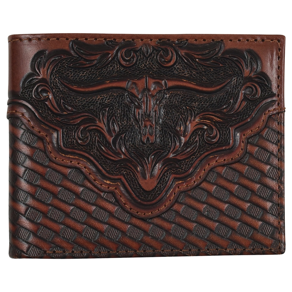 JUSTIN MENS GENUINE LEATHER LARGE BIFOLD WALLET BASKETWEAVE WITH STEERHEAD