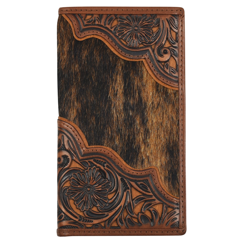JUSTIN MENS GENUINE LEATHER RODEO WALLET WITH FLORAL TOOLING AND BRINDLE HAIR ON 