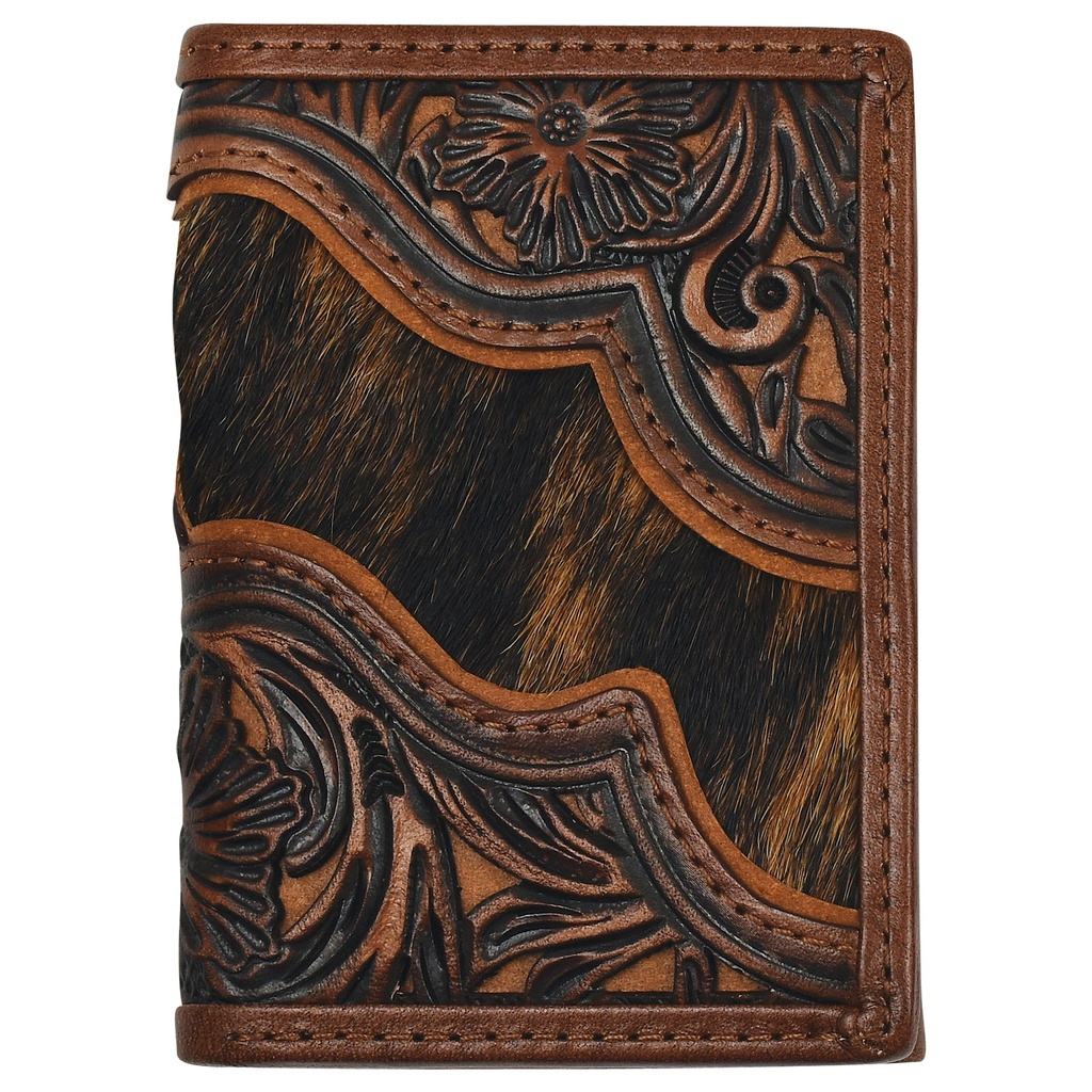 JUSTIN MENS GENUINE LEATHER TRIFOLD WALLET WITH FLORAL TOOLING AND BRINDLE HAIR ON 