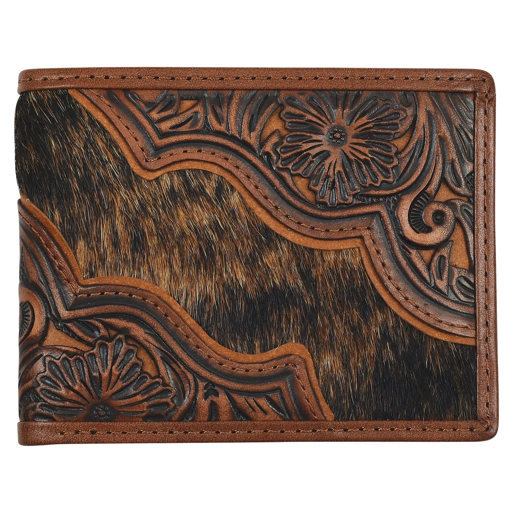 JUSTIN MENS GENUINE LEATHER LARGE BIFOLD WALLET WITH FLORAL TOOLING AND BRINDLE HAIR ON 
