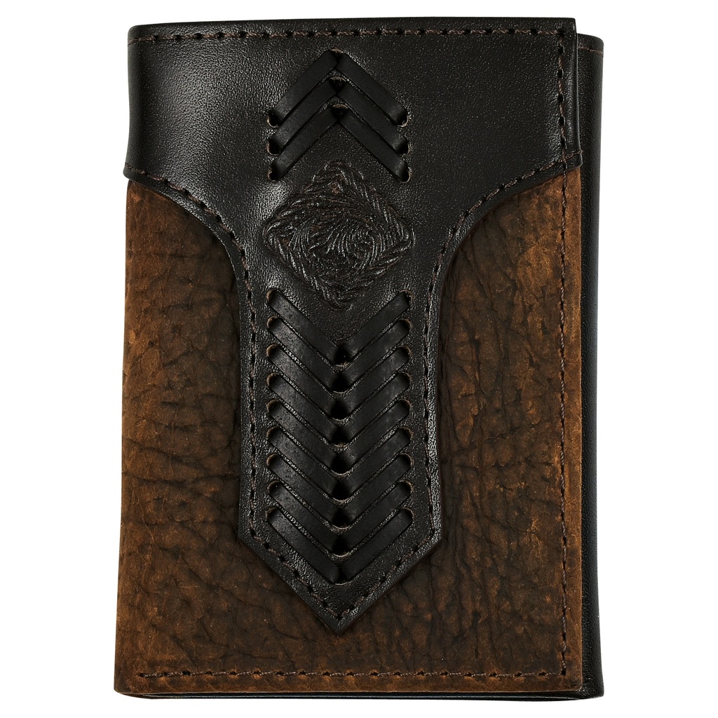 [2512393227] JUSTIN MENS GENUINE LEATHER TRIFOLD WALLET OILED TEXTURE WITH STITCHED YOKE
