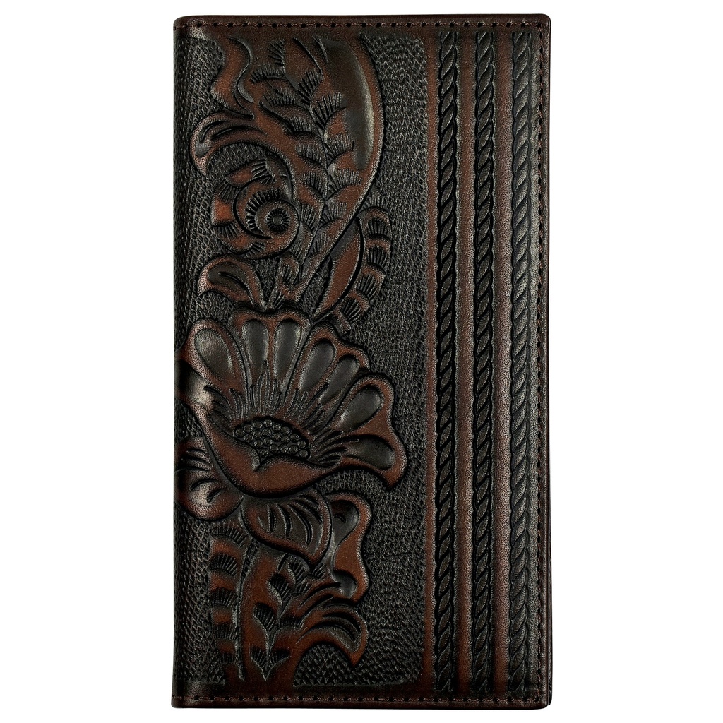 JUSTIN MENS GENUINE LEATHER RODEO WALLET BROWN FLORAL TOOLING