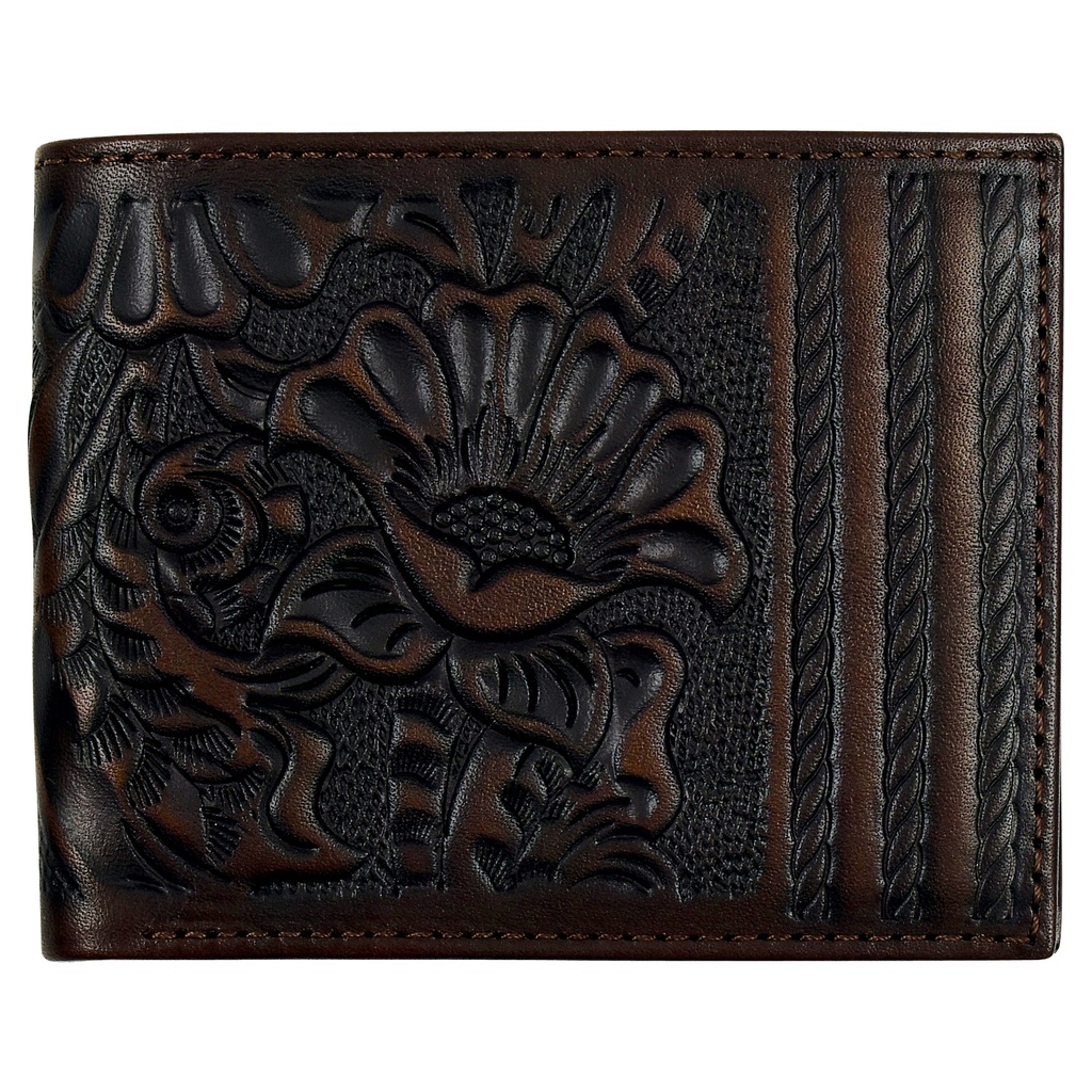 JUSTIN MENS GENUINE LEATHER LARGE BIFOLD WALLET BROWN WITH FLORAL TOOLING