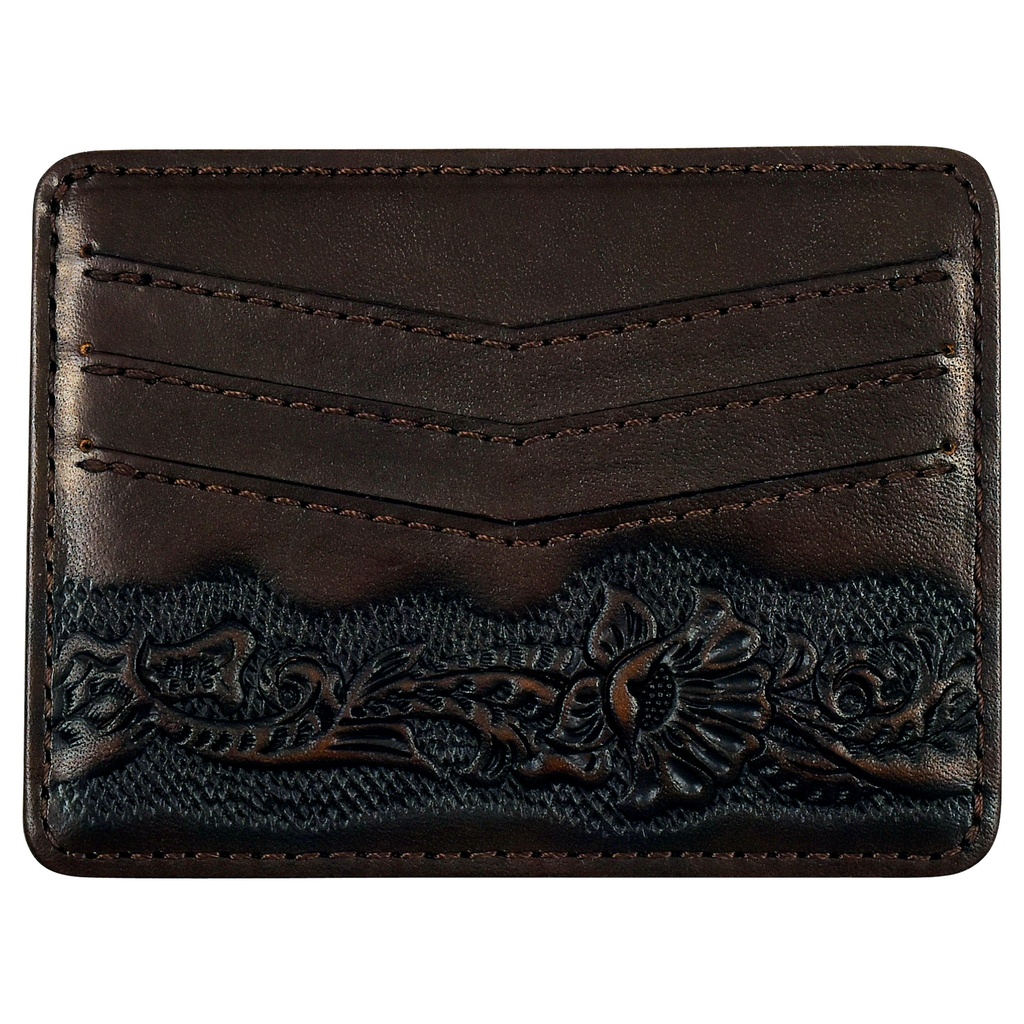 [2512391279] JUSTIN MENS GENUINE LEATHER SLIM CARD WALLET BROWN W/FLORAL TOOLING