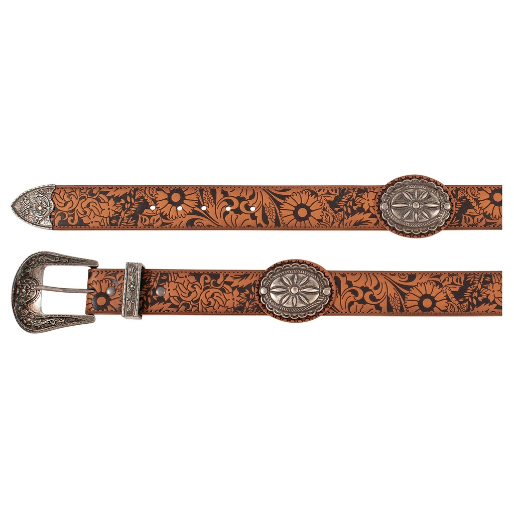 [2510360243-S] CATCHFLY LADIES BELT TAN W/FLORAL EMBOSS AND LARGE CONCHOS (S)