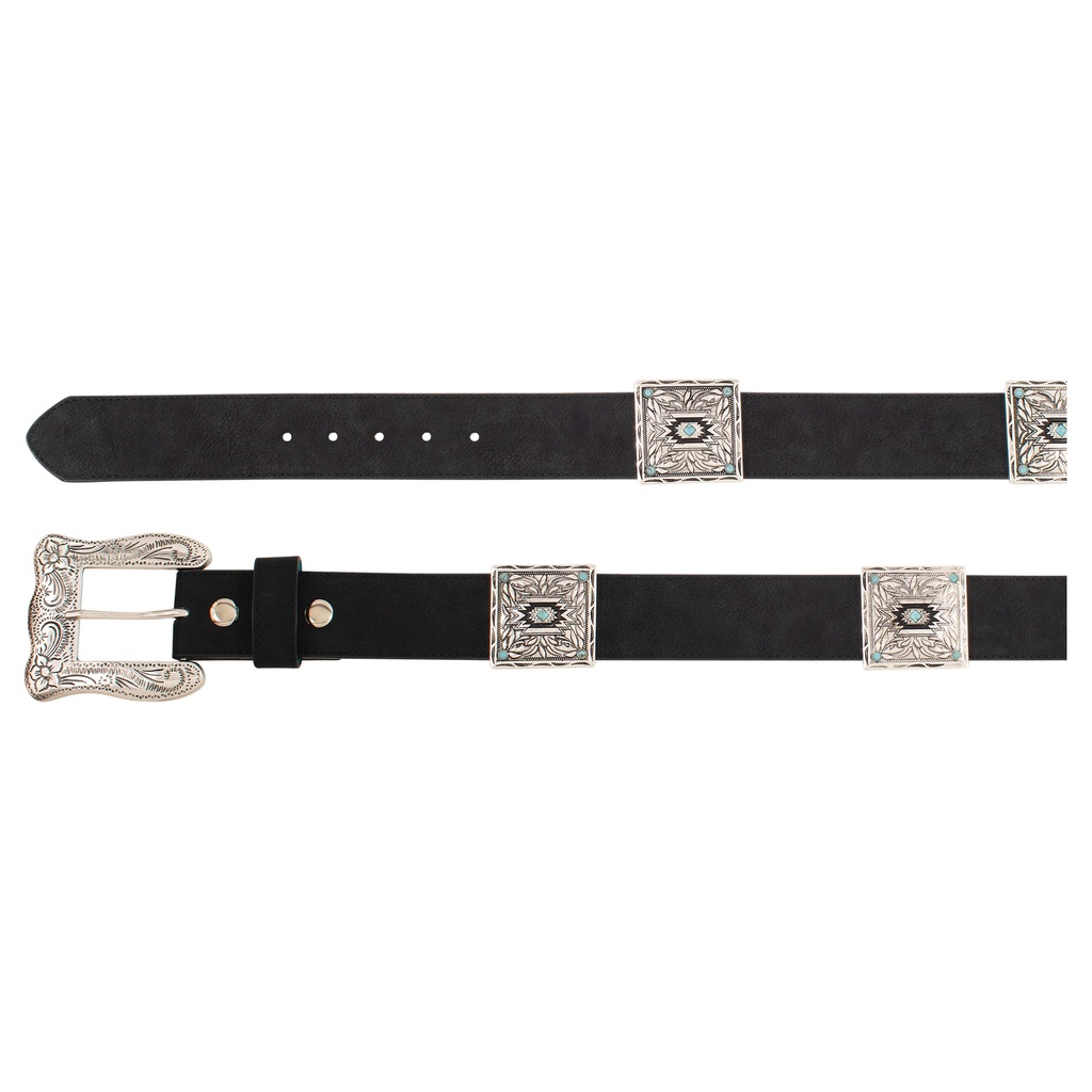 CATCHFLY LADIES BELT BLACK W/LARGE SQUARE CONCHOS AND STONES