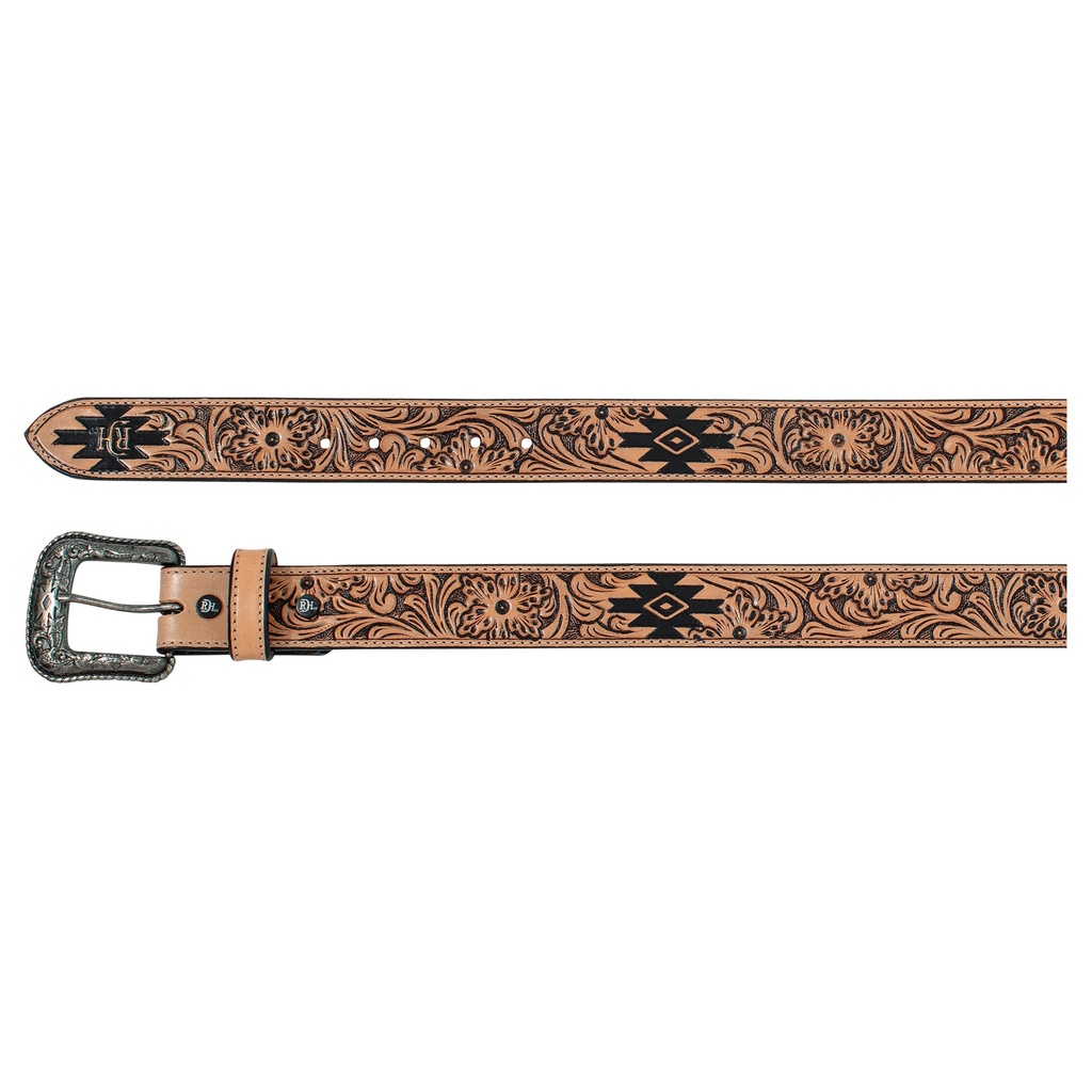 RED DIRT HAT CO LADIES GENUINE LEATHER BELT NATURAL W/FLORAL TOOLING AND BLACK WASH