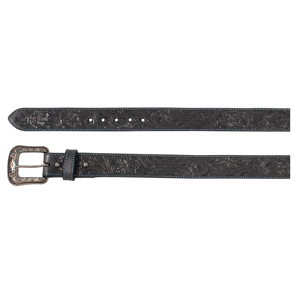 RED DIRT HAT CO LADIES GENUINE LEATHER BELT BLACK W/FLORAL TOOLING AND BLUE STITCHING