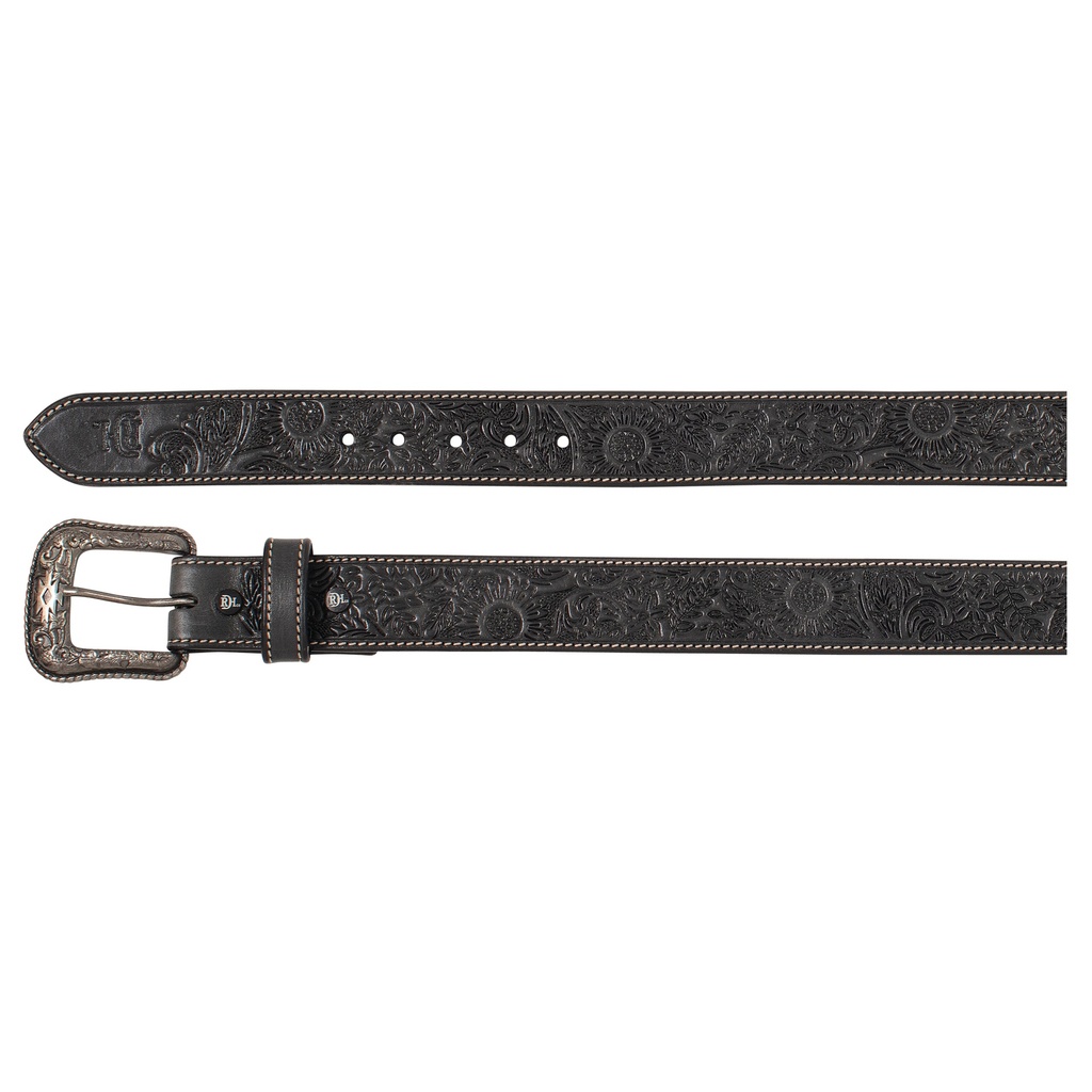 RED DIRT HAT CO LADIES GENUINE LEATHER BELT BLACK W/FLORAL TOOLING AND BONE STITCHING