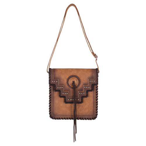JUSTIN LADIES CROSS BODY BROWN W/WHIP STITCH AND STUDS