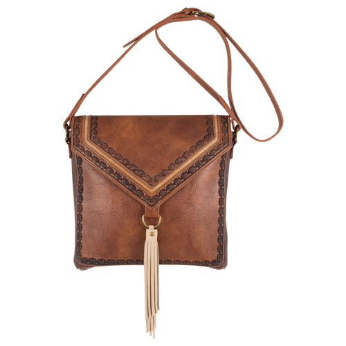 JUSTIN LADIES CROSS BODY TAN W/SEED SUNBURST AND TASSEL