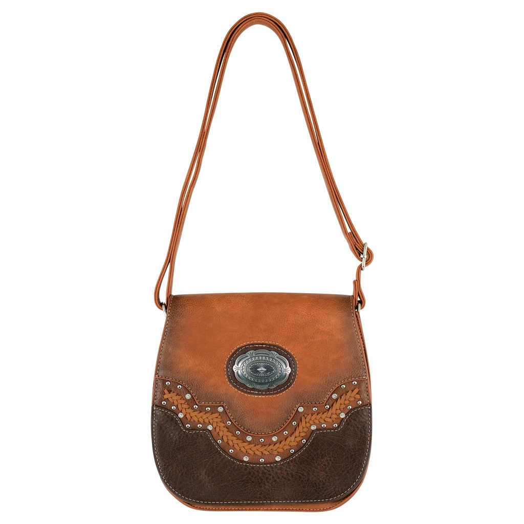 JUSTIN LADIES SADDLE BAG TAN AND BROWN W/STUDS AND RHINESTONES