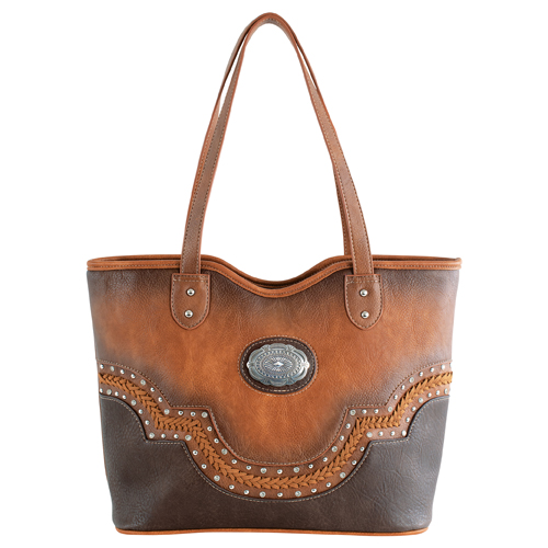 JUSTIN TOTE TAN AND BROWN W/STUDS AND RHINESTONES