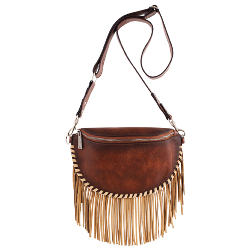 RED DIRT HAT CO LADIES SLING POUCH TAN W/WHIPSTITCH AND FRINGE