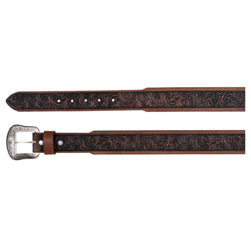 JP WEST MENS GENUINE LEATHER BELT BROWN W/FLORAL TOOLING 