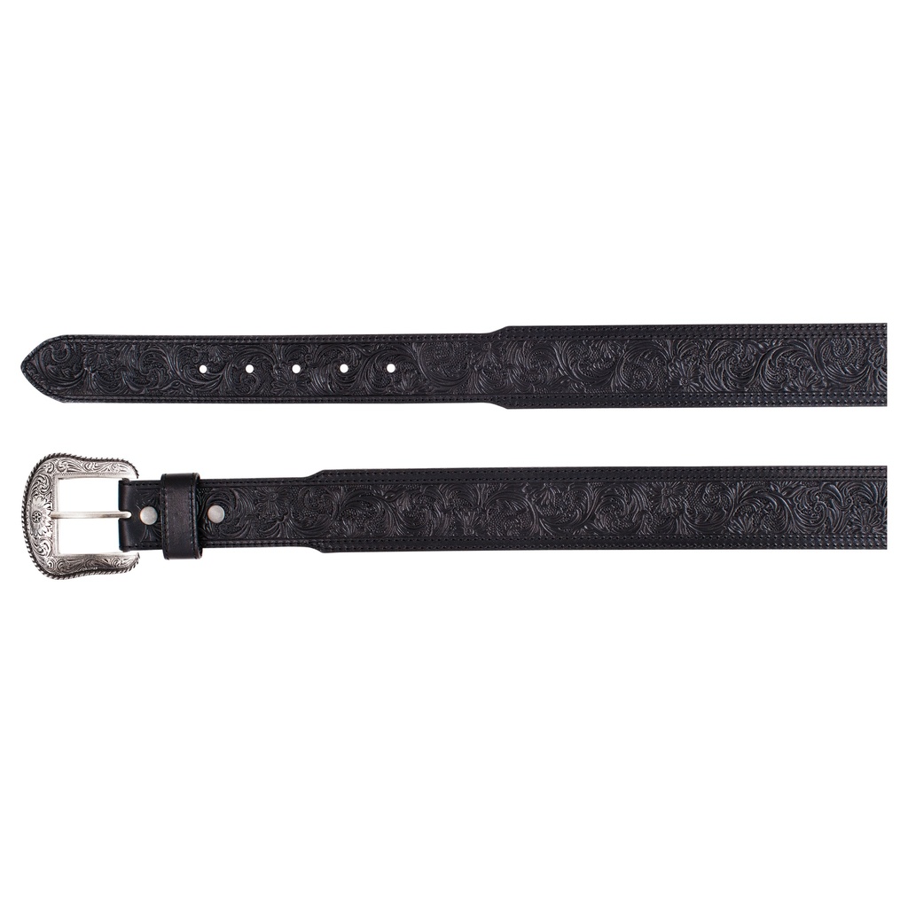 [2521030249-32] JP WEST MENS GENUINE LEATHER BELT BLACK W/FLORAL TOOLING  (32)