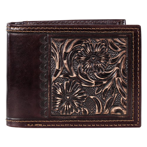[2520571383] JUSTIN MENS GENUINE LEATHER BIFOLD WALLET FLORAL EMBOSS