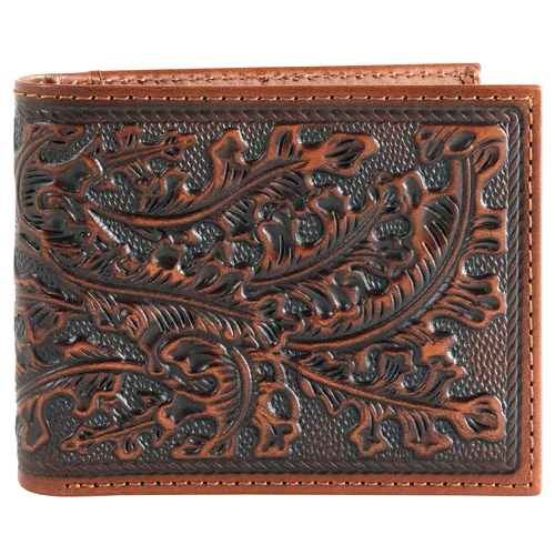 JUSTIN MENS GENUINE LEATHER BIFOLD WALLET LEAF EMBOSS
