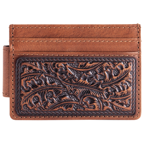 [2520576626] JUSTIN MENS GENUINE LEATHER SLIM CARD WALLET LEAF EMBOSS