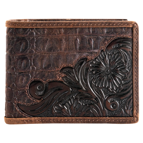 TONY LAMA GENUINE LEATHER MENS LARGE BIFOLD WALLET SCROLL WITH CAIMAN PRINT