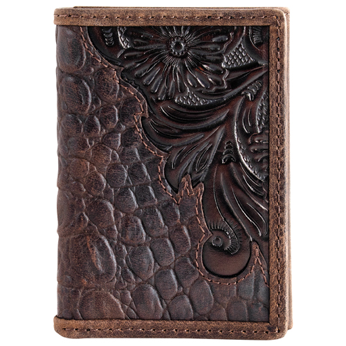 TONY LAMA GENUINE LEATHER MENS TRIFOLD WALLET SCROLL WITH CAIMAN PRINT