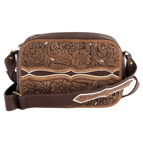 JUSTIN LADIES CAMERA BAG BROWN W/EMBOSSED DOUBLE YOKE