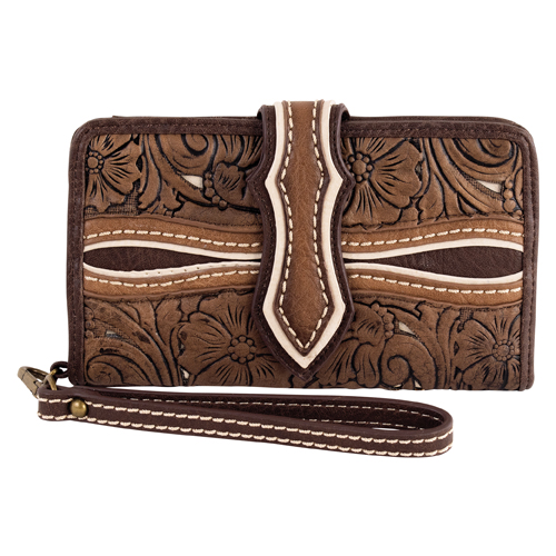 JUSTIN LADIES LARGE WALLET BROWN W/EMBOSSED DOUBLE YOKE