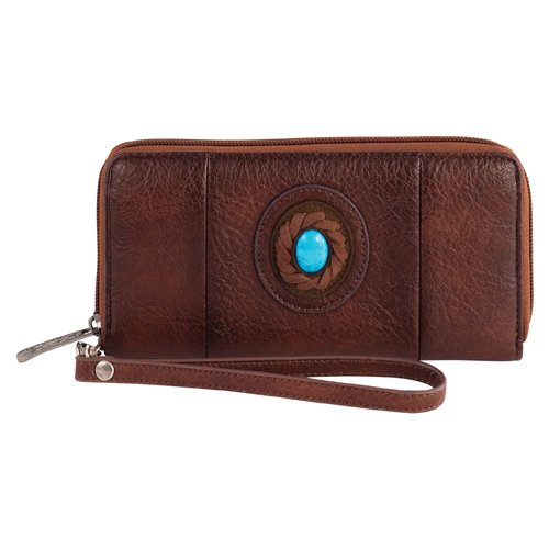 [2520852151] JUSTIN LADIES WALLET BROWN W/FAUX TURQUOISE CONCHO