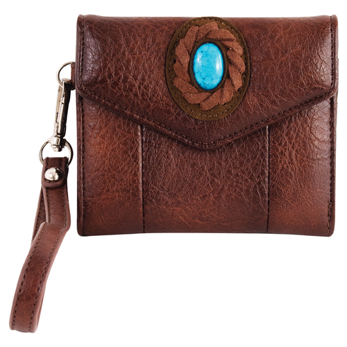 JUSTIN LADIES MINI WALLET BROWN W/FAUX TURQUOISE CONCHO