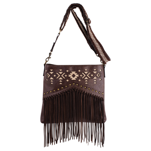 JUSTIN LADIES CROSSBODY BROWN WITH TAN AZTEC INLAY