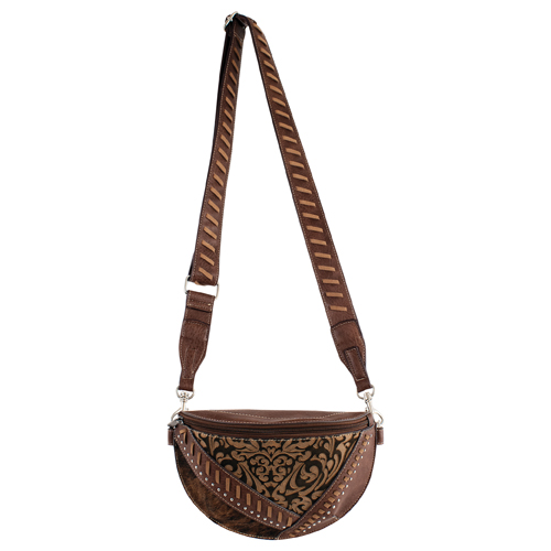 CATCHFLY LADIES SLING POUCH BROWN PATCHWORK SUEDE W/HAIR ON 