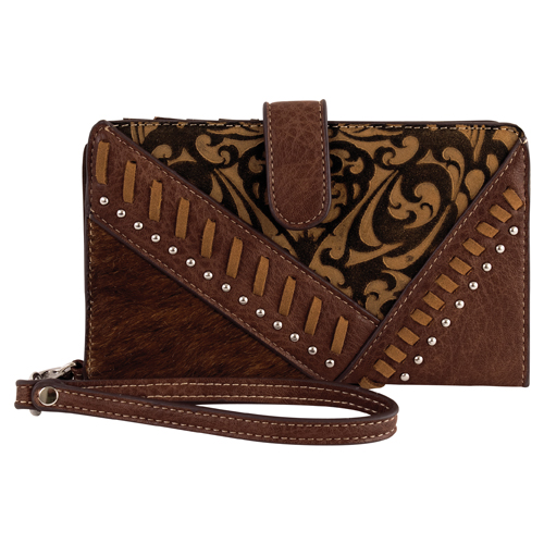 CATCHFLY LADIES SLIM WALLET BROWN PATCHWORK SUEDE W/HAIR ON 