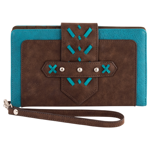 CATCHFLY LADIES SLIM WALLET BROWN AND TURQUOISE W/STITCHING