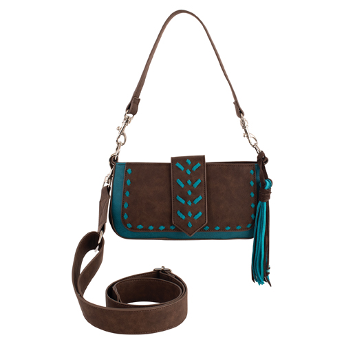 CATCHFLY LADIES MINI CONVERTIBLE BAG BROWN AND TURQUOISE W/STITCHING