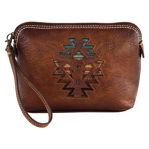 CATCHFLY LADIES COSMETIC POUCH BROWN W/STEER HEAD AND SOUTHWESTERN STRIPES