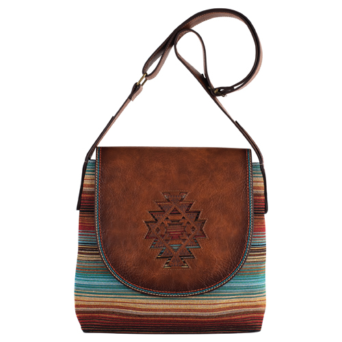 CATCHFLY LADIES CROSSBODY BROWN W/AZTEC AND SOUTHWESTERN STRIPES