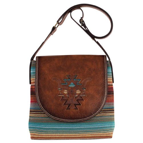 [2521245272] CATCHFLY LADIES CROSSBODY BROWN W/STEER HEAD AND SOUTHWESTERN STRIPES