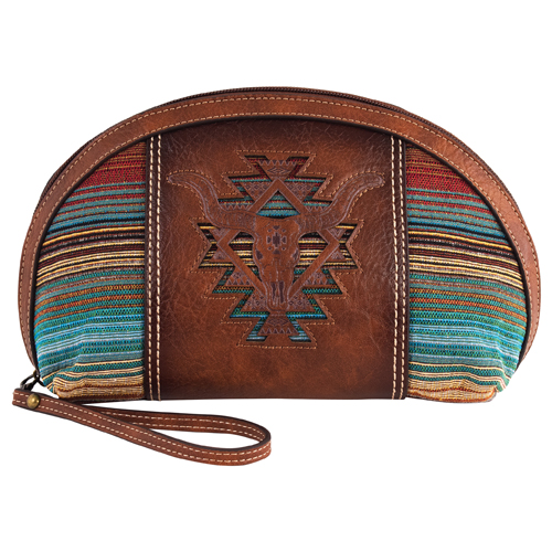 CATCHFLY LADIES DOME COSMETIC BAG BROWN W/STEER HEAD AND SOUTHWESTERN STRIPES