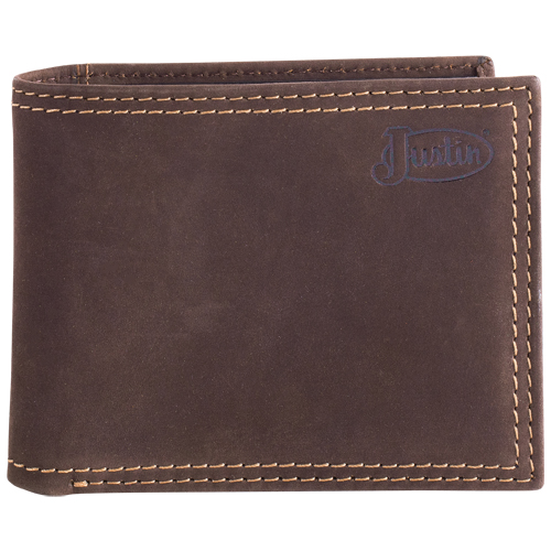 JUSTIN MENS GENUINE LEATHER BIFOLD WALLET DARK BROWN NUBUCK