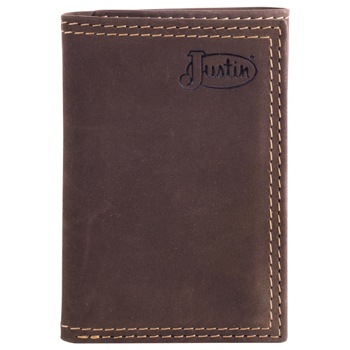 JUSTIN MENS GENUINE LEATHER TRIFOLD WALLET DARK BROWN NUBUCK
