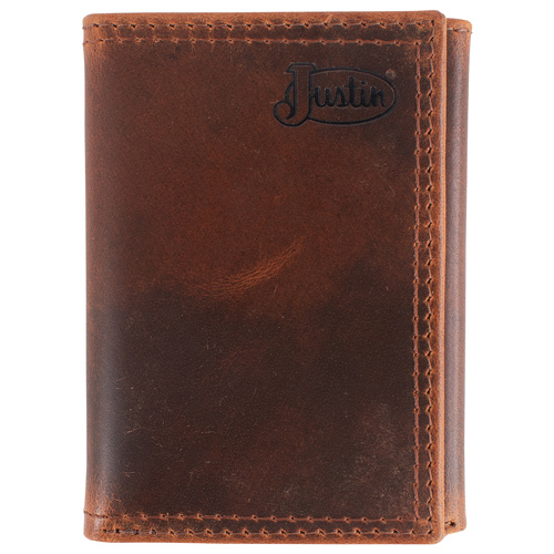 JUSTIN MENS GENUINE LEATHER TRIFOLD WALLET OILED BROWN 