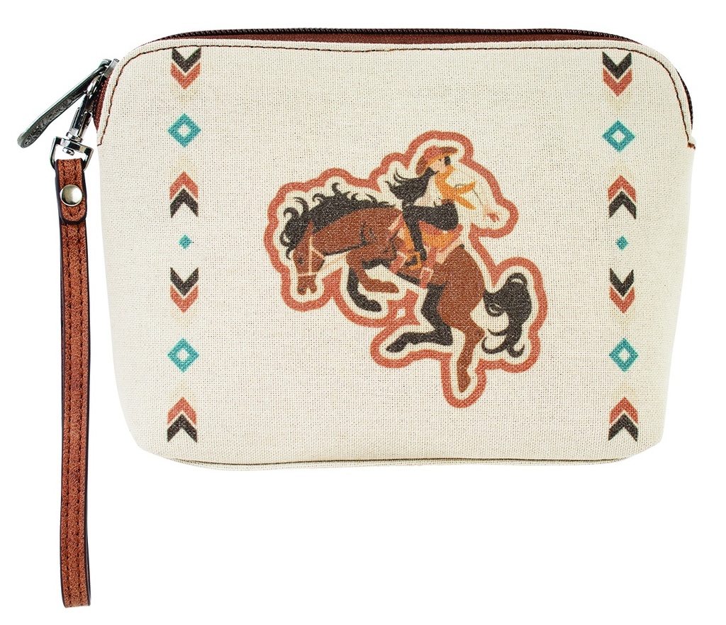 [2521495264] JUSTIN LADIES COSMETIC POUCH CANVAS W/BRONCO AND COWGIRL