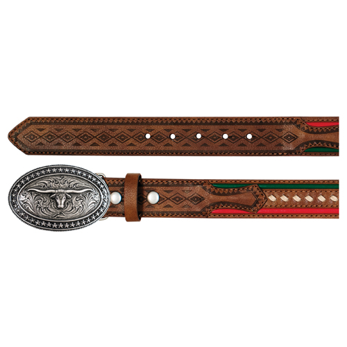 ARENA ACE BOYS BELT TAN W/RED AND GREEN TRAPUNTO