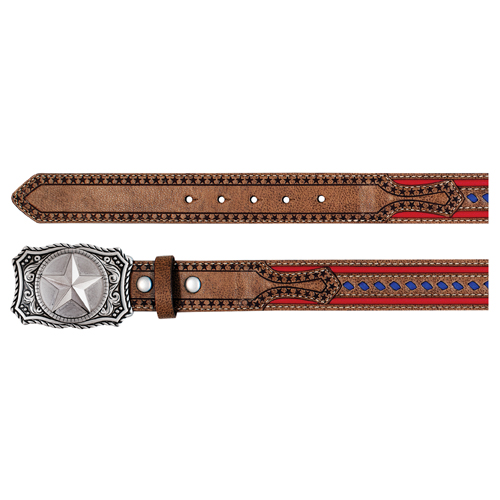 ARENA ACE BOYS BELT TAN W/RED TRAPUNTO AND BLUE BUCK STITCH